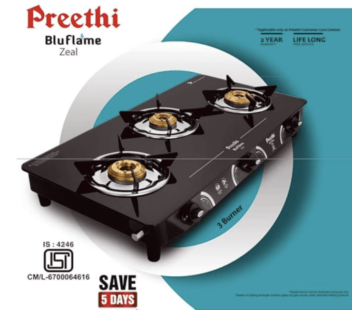 Preethi - GTS124 Zeal glass top 3 burner gas stove, Manual Ignition, Black - Image 2